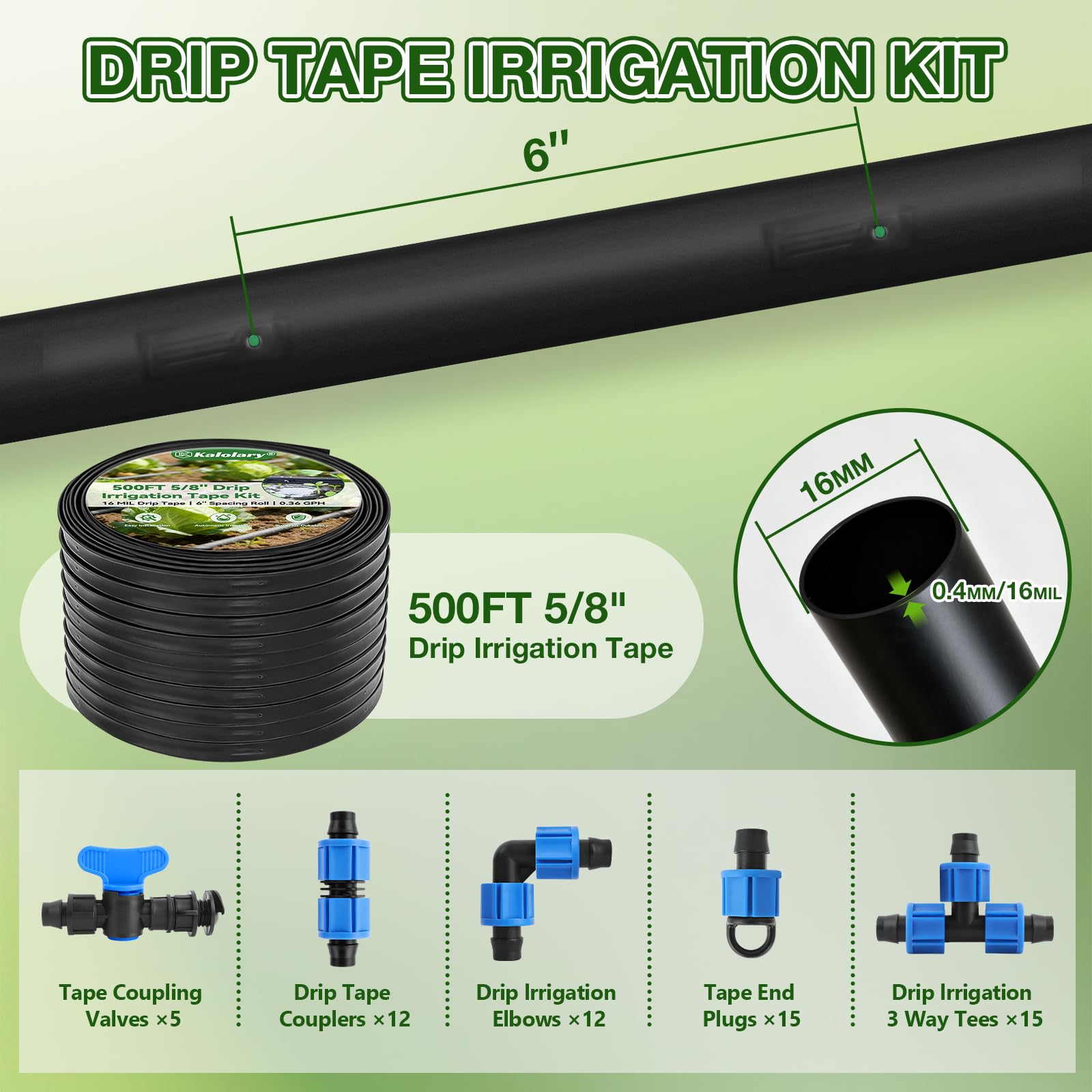 150M 5/8" Nastro Irrigazione a Goccia Kit, TOROKOM Nastro Irrigatore Spazio Fori 6", Componenti Sistema di Irrigazione per Giardino, Fattoria, Prato e Serra