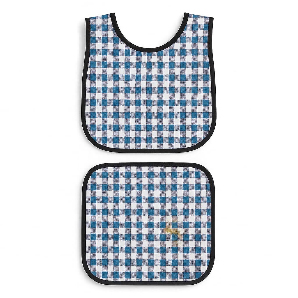 MAKSTILE Waterproof Kids Bib with Food Mat | Lightweight & Foldable | Multi-Purpose Clothing Protector for Boys & Girls (6-12 Years) | School Lunch, Eating, Painting, Craft & Travel(Blue Check) - Image 2 thumbnail