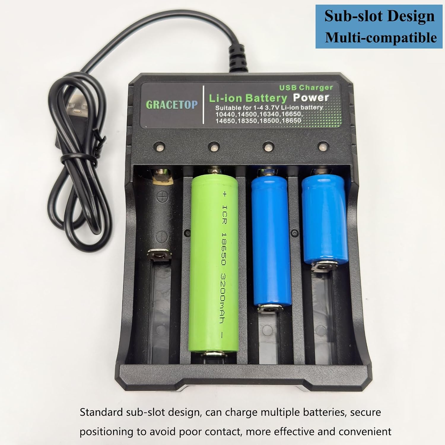 4-Bay Charger Independent Charging for 1-4 Li-ion Batteries with Multiple Protections and LED Indicators Compatible with 10440, 14500, 16340, 16650, 14650, 18350, 18500, 18650, 5V 2A