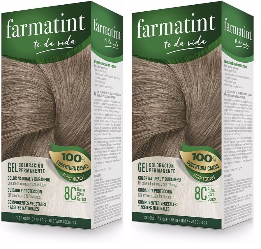 Farmatint Gel 8C Rubio Claro Ceniza | Color natural y duradero | Componentes vegetales y aceites naturales | Sin amoníaco | Sin parabenos | Dermatológicamente testado (Paquete de 2)