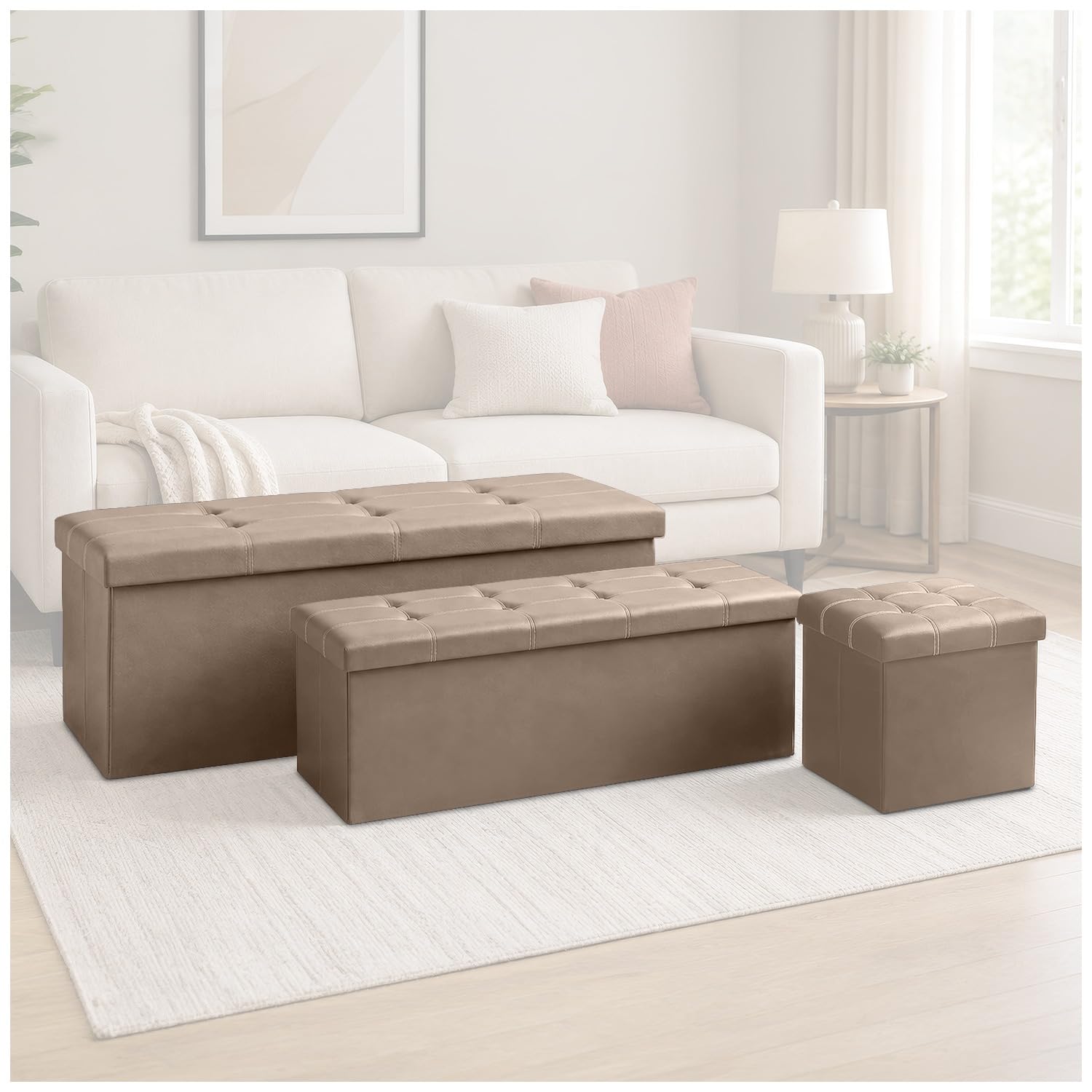 GC GAVENO CAVAILIA Leather Ottoman Storage Box Large With Lids, Natural