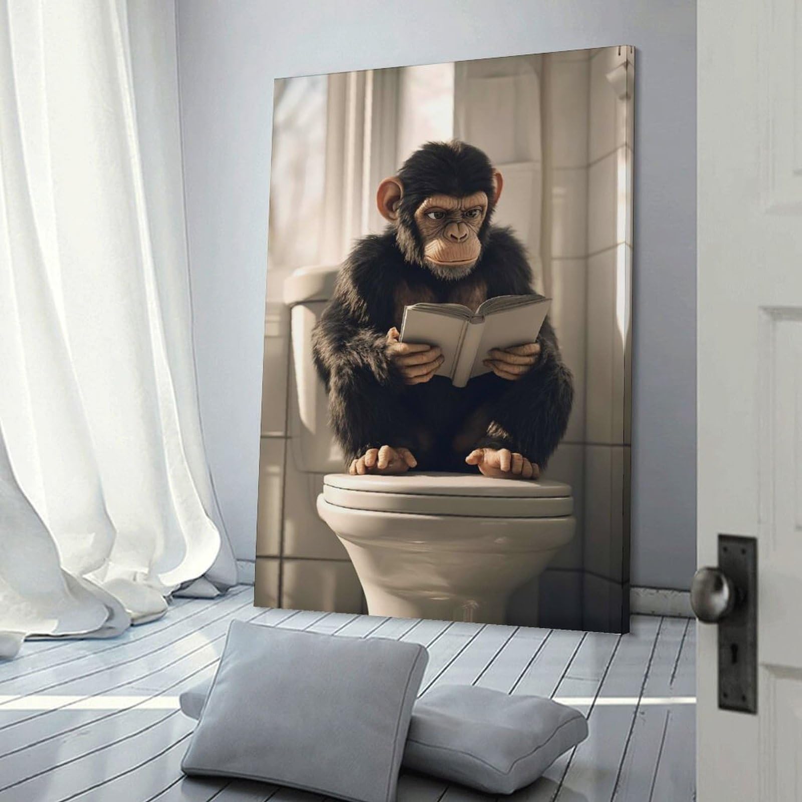 Junmoney Chimpanzee Reading on Toilet Decorative Wall Artwork, 12x18inch(30x45cm), for Corridors, Hallways Or Apartment Entries, Home Artwork for First Impressions
