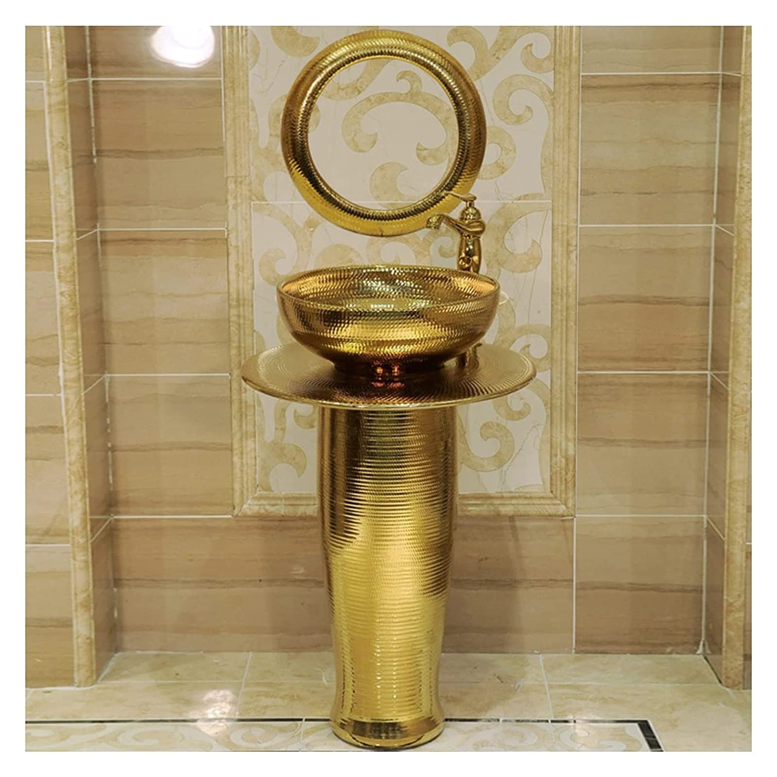 OLSKFUH Freestanding Pedestal Sink Floor Standing Art Sink Art Pedestal Bathroom Sink Vessel Sink, Kaolin Clay Pedestal Sink Freestanding Bathroom Sink With Full Pedestal And One,Gold-With Mirror