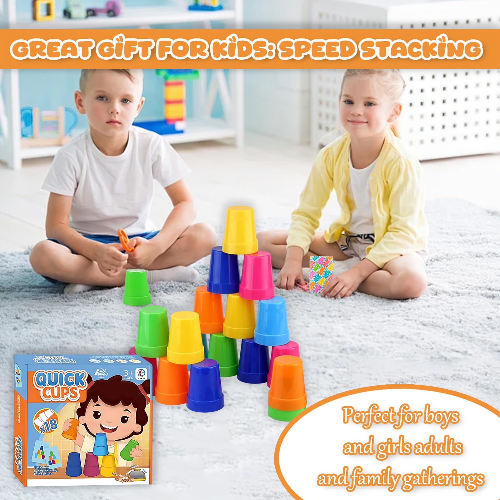 Set di gioco di impilamento di bicchieri sportivi,impilamento rapido di bicchieri per bambini e adulti,18 tazze di velocità ,54 carte,1 campanello,Interattivi Sfidas Velocità Manuale Giochi Tavolo