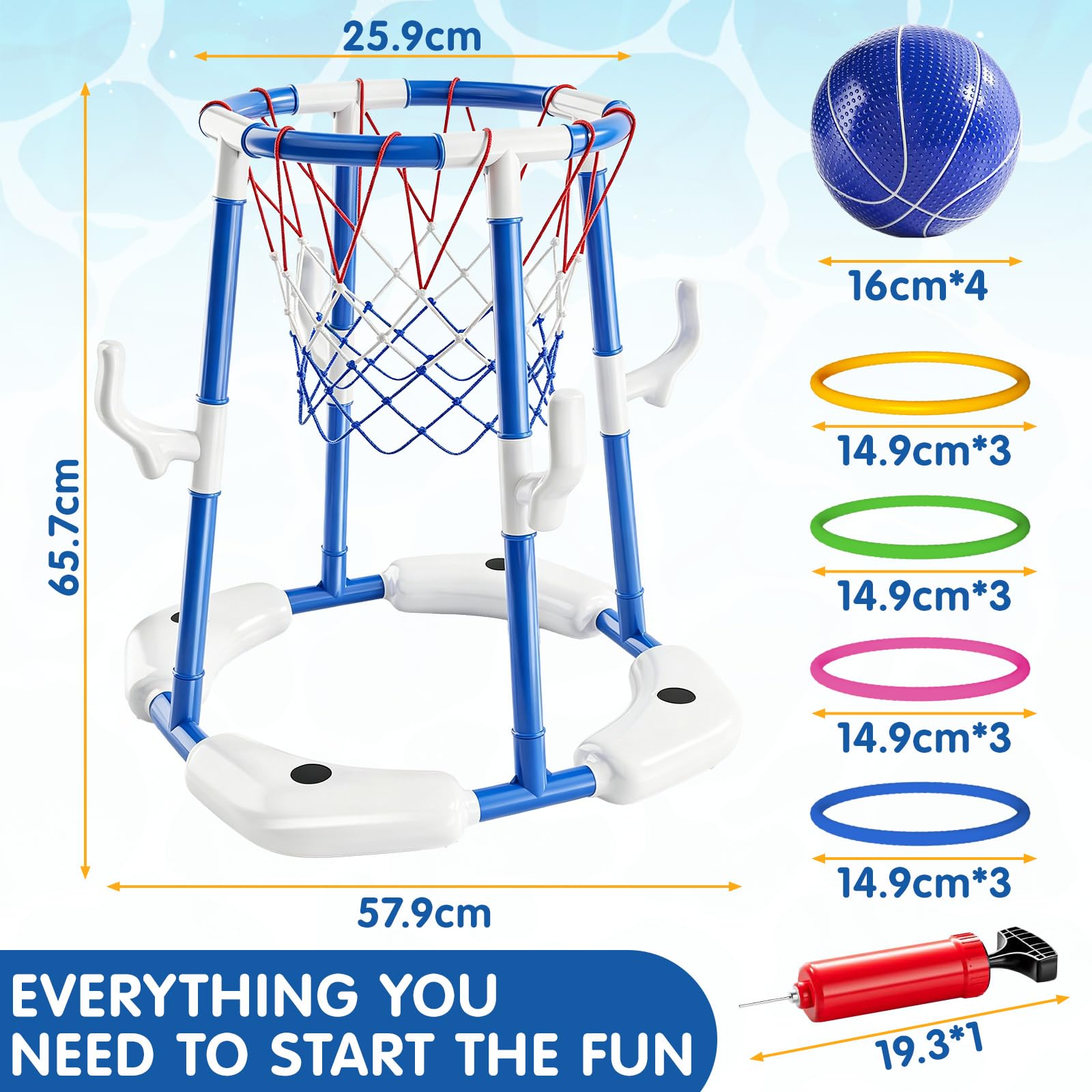 Pool Basketballkorb für Kinder, 2-in-1 Schwimmendes & Oberirdisches Wasserspiel mit 4 Bällen, 12 Ringen & Pumpe, Blau