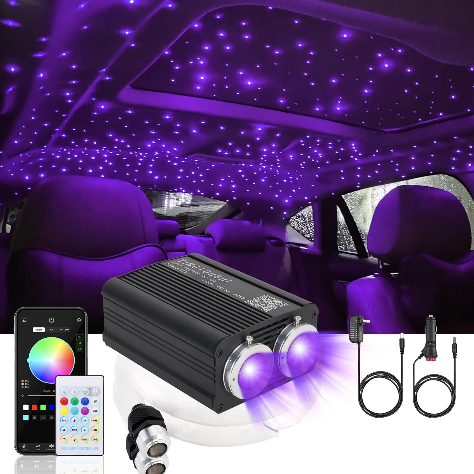 YINGTOUSHI Twinkle Headliner Star Light Kit, 1000Pcs*0.03in*9.8ft Ceiling Fiber Optic Lights APP/Remote Control Star Effect Music Mode RGBW Sound Activated for Car Roof Home Ceiling