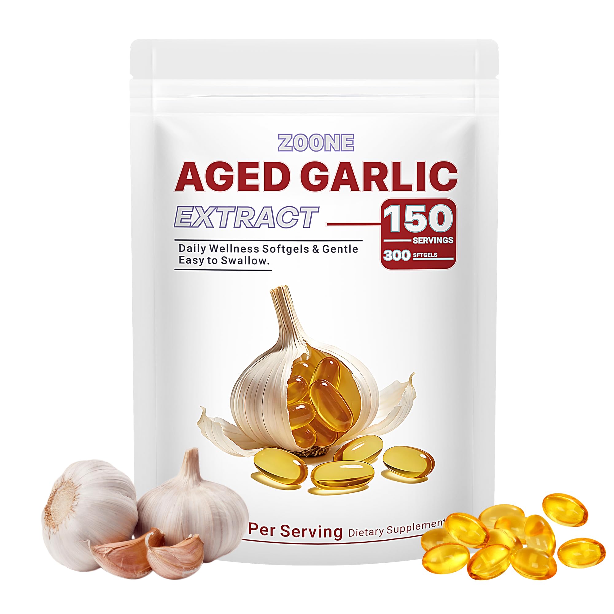 Aged Garlic Extract Capsules Softgels, Odorless Garlic Supplement, Heart & Immune Antioxidant Support, Easy-to-Swallow, 500 mg Per Serving, 300 Softgels, 150 Servings