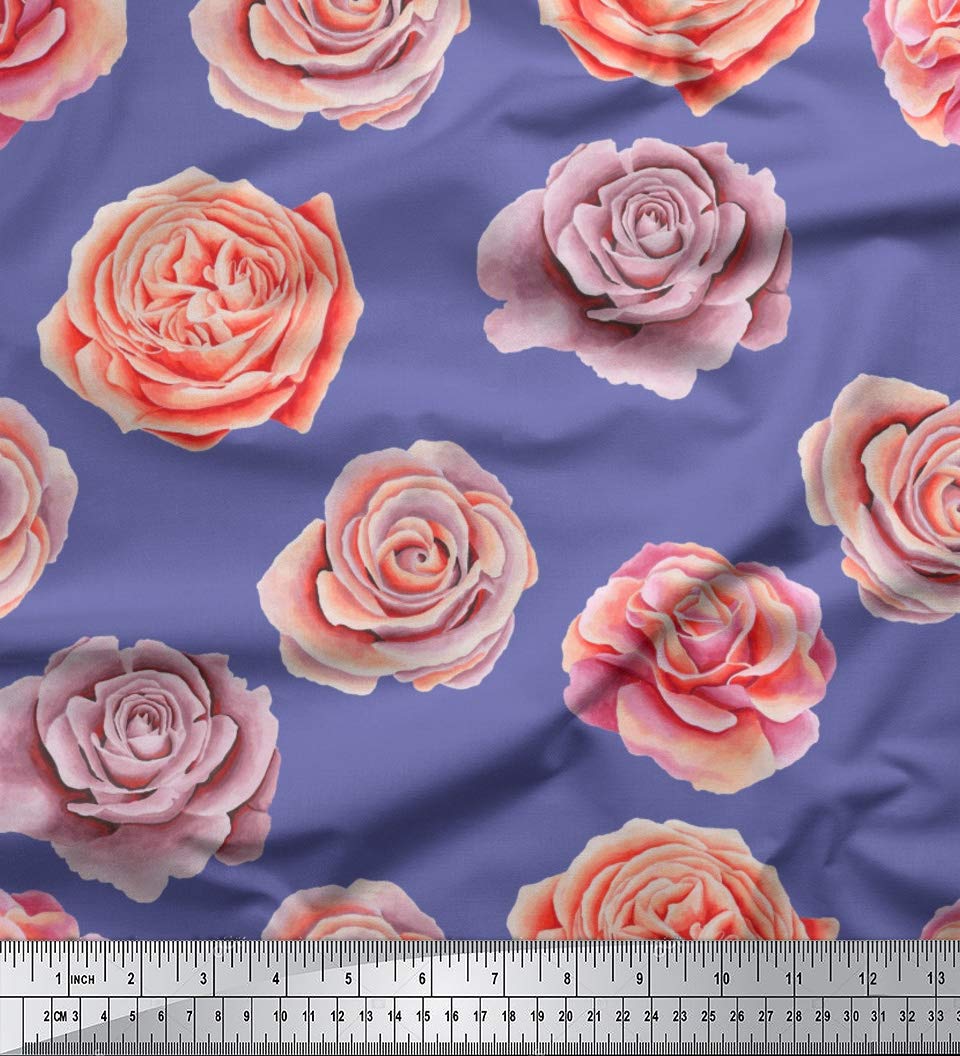 SoimoiPurple Cotton Poplin Fabric Rose Floral Print Fabric by the Yard 42 Inch Wide