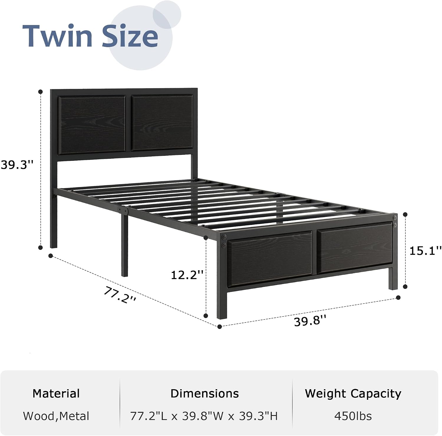 VECELO Twin Bed Frame with Wood Headboard and Footboard, 14 Inch Platform Mattress Foundation, No Box Spring Needed, Heavy Duty Slats Support, Easy Assembly, Black