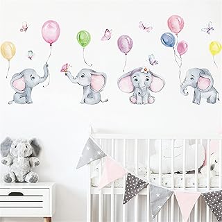ROFARSO Colorful Cute Cartoon Lovely Elephant Balloon Wall Sticker for Kid Watercolor Removable Wall Decal DIY Decoration for Nursery Baby Boy Girl Bedroom Playroom Living Room Gaming Room