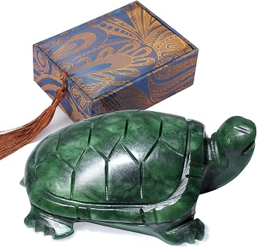 gemshan Green Natural Jade Turtle Hand Carved 3" Art Animal Figurine for Home office Decoration with Luck