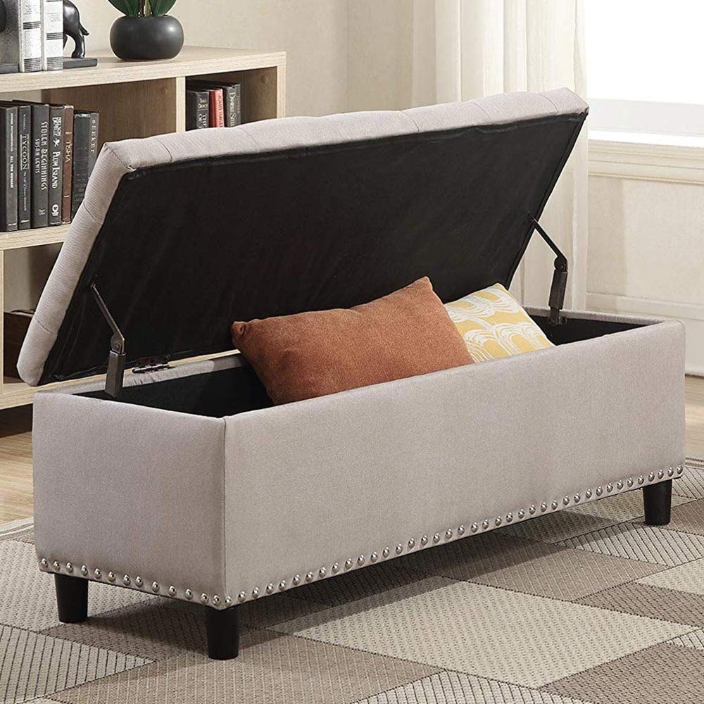 BAKAJI Cassapanca Pouf Contenitore Poggiapiedi per Camera da Letto Panca Sgabello con Struttura in Legno Rivestimento in Tessuto Seduta Apribile Imbottita Dimensioni: 121 x 42 x 43 cm (Beige)