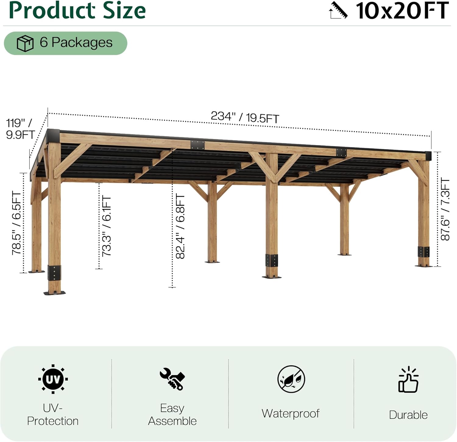 Jocisland 10' x 20' Spruce Wood Carport for 2 Cars, Outdoor Grill Gazebo with Hardtop Lean Roof, Wind & Snow Resistant, Heavy Duty Pergola for Garden, Patio, Backyard