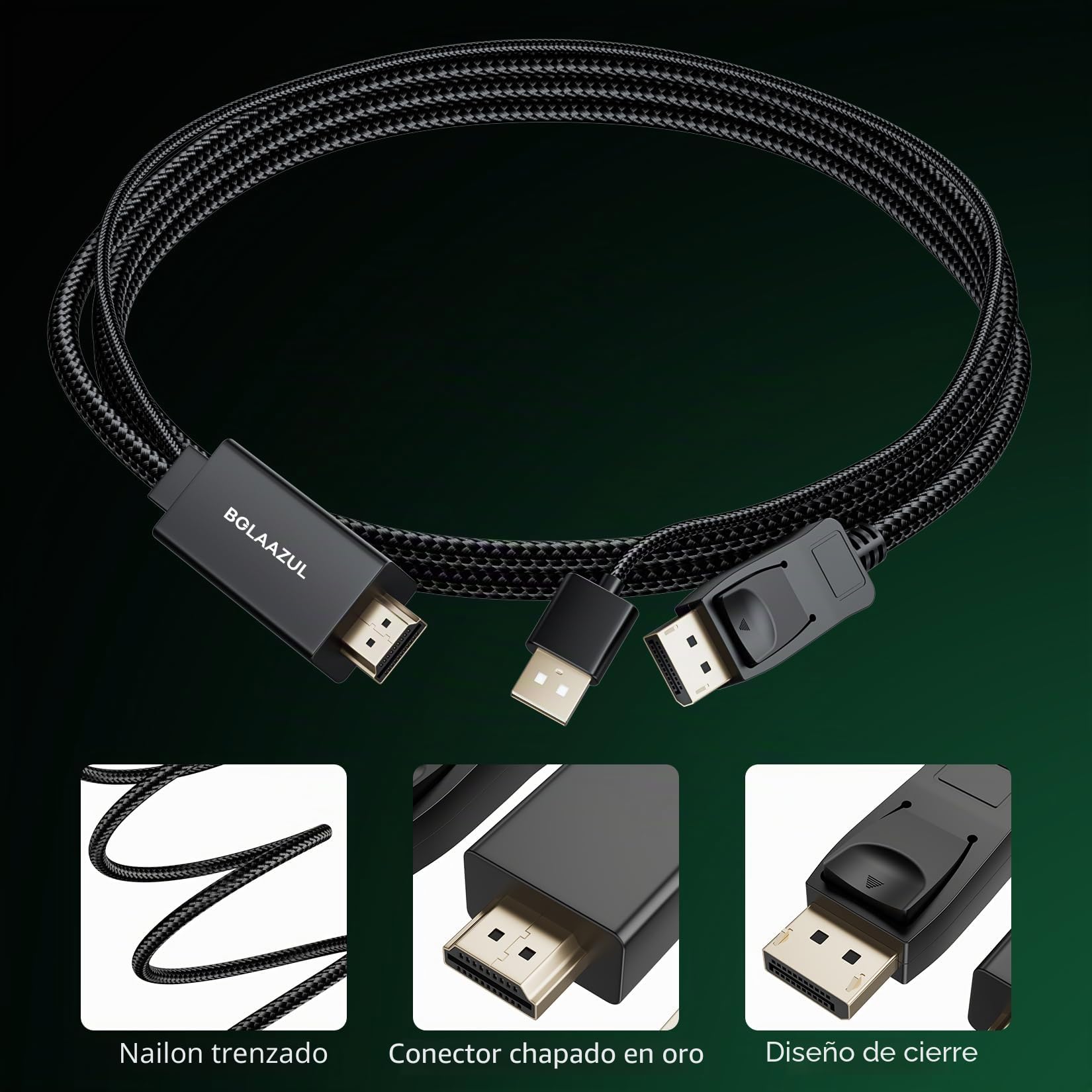 BolAAzuL Cable HDMI a DisplayPort 4K @60Hz Negro, Unidireccional, Monitor Alimentado por USB, Entrada HDMI Macho a DP Macho Salida Convertidor