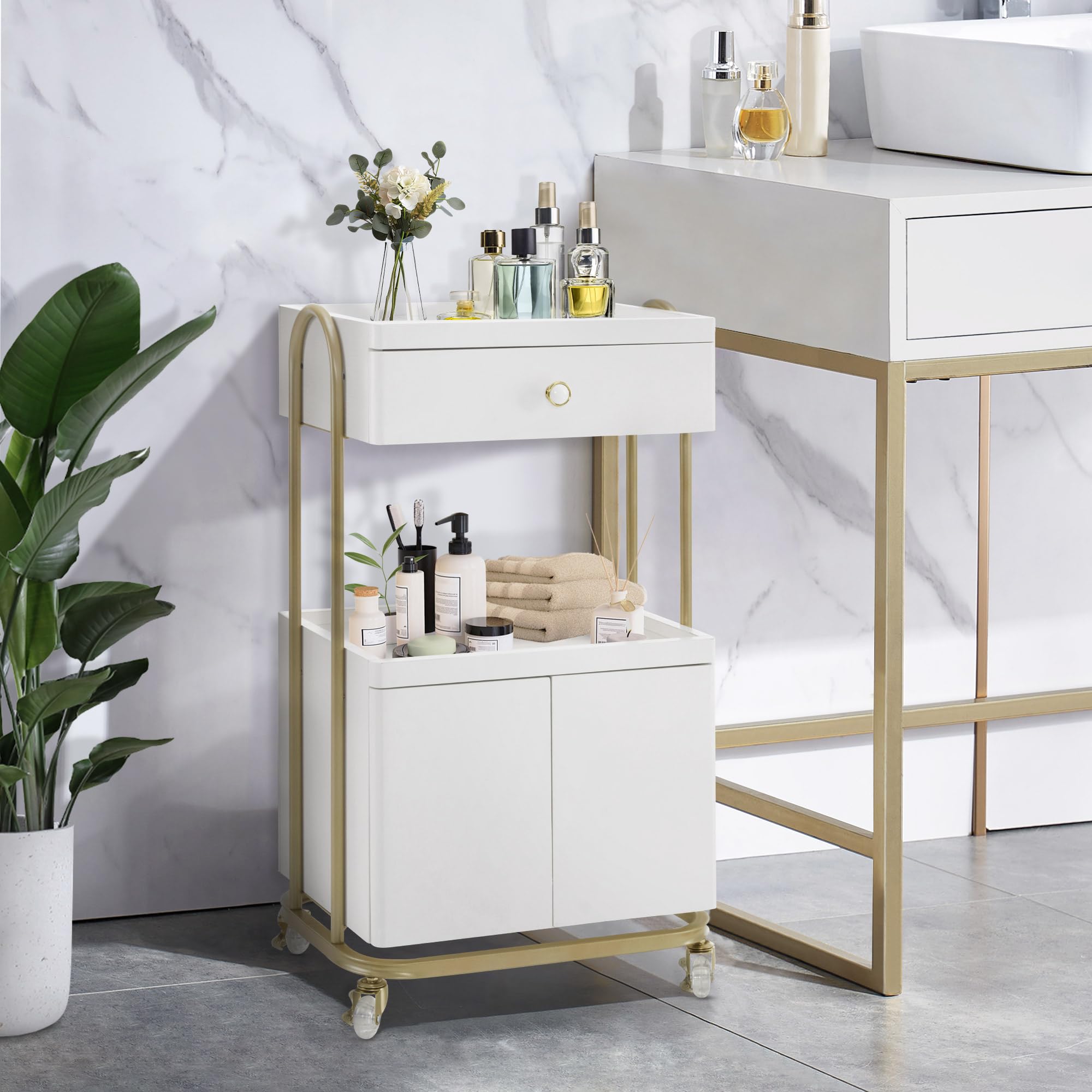 M MCombo Servierwagen mit Rollen & Schublade, Rollwagen Friseurwagen Weiß-Gold, Salon Trolley mit 2 Ablagen und Schrank, Moderner Arbeitswagen für Bad Wohnzimmer, 36x50x87cm, 0086