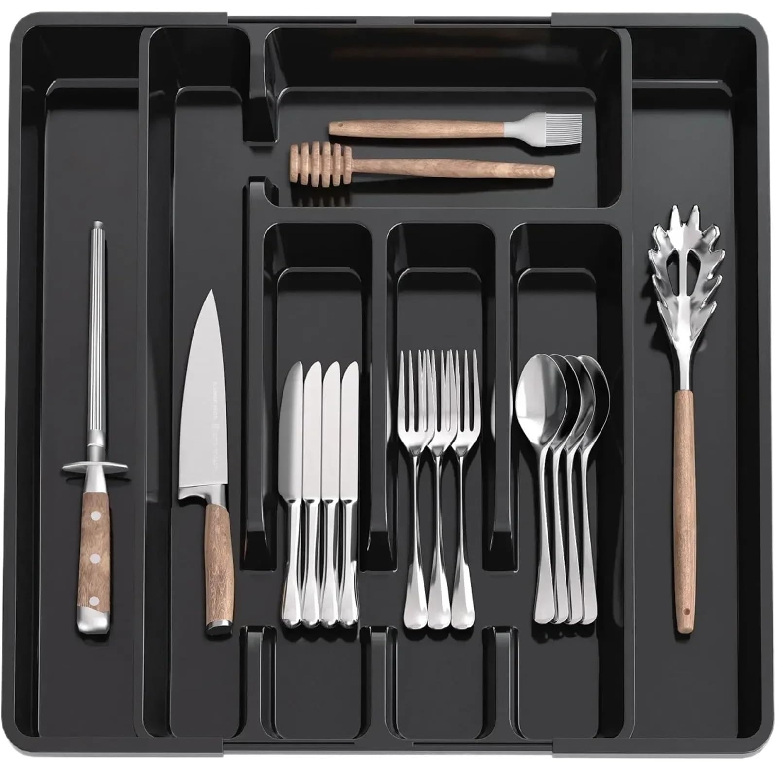 WDSBZNB Cutlery Tray Kitchen Organizer Tray Adjustable Pantry Utensil Cutlery Drawer For Silverware Tableware Expandable(Black)
