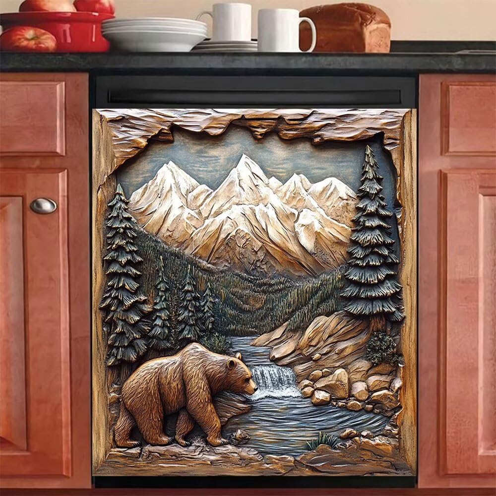 Wood Carving Natural Landscape Kitchen Decor Magnet Dishwasher Cover for Full Door, Bears Refrigerator Magnetic Panel Decal Mountains Home Fridge Sticker, 23" W x 26" H Magnetic
