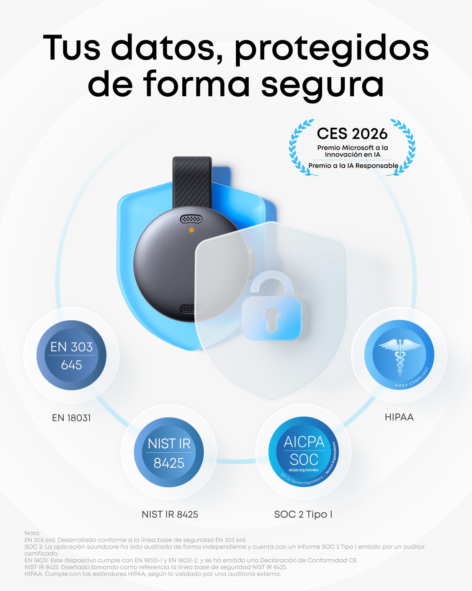 Soundcore Work de Anker, Grabadora de Voz Portátil con Toma de Notas, Transcripción y Resumen de Reuniones con IA, Certificación MFi, Protección de la Privacidad, 8GB, USB-C