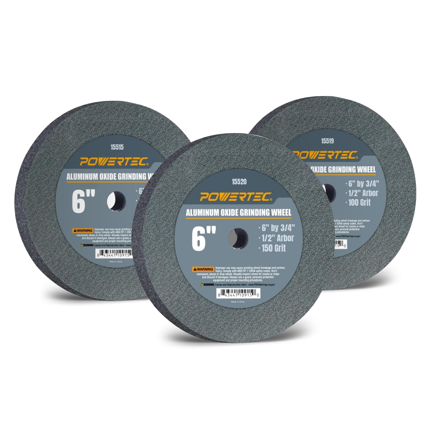 POWERTEC 15540 Mole per smerigliatrice da banco e piedistallo, 6 pollici x 3/4 pollici, 1/2 pergolato, grana 60/100/150 assortiti, mola in ossido di alluminio per smerigliatrice da banco, 3 pezzi