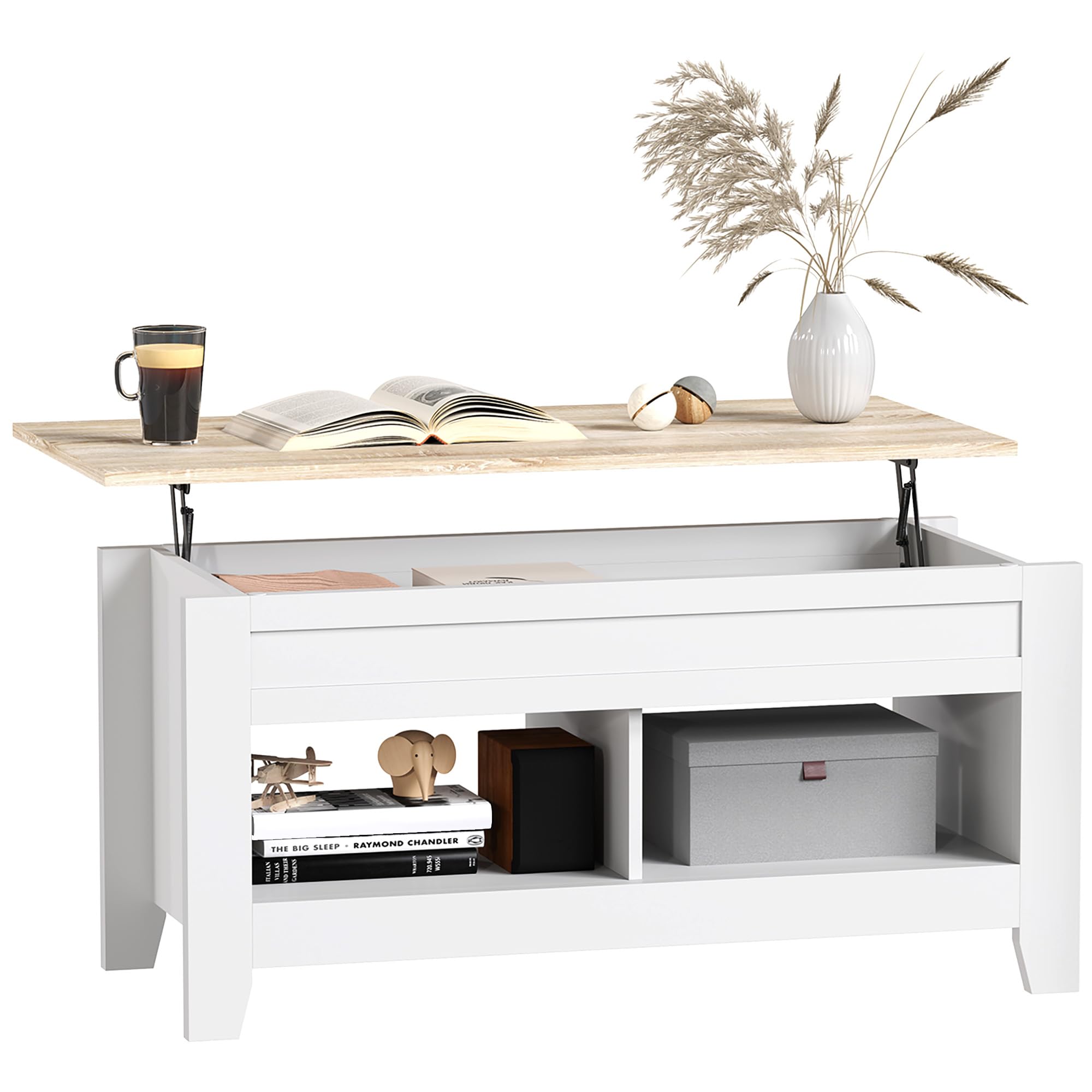 HOMCOM Mesa de Centro Elevable Mesa de Café con Encimera Elevable 2 Compartimentos Abiertos y Espacio Oculto de Almacenaje 105x50x49 cm Blanco y Natural