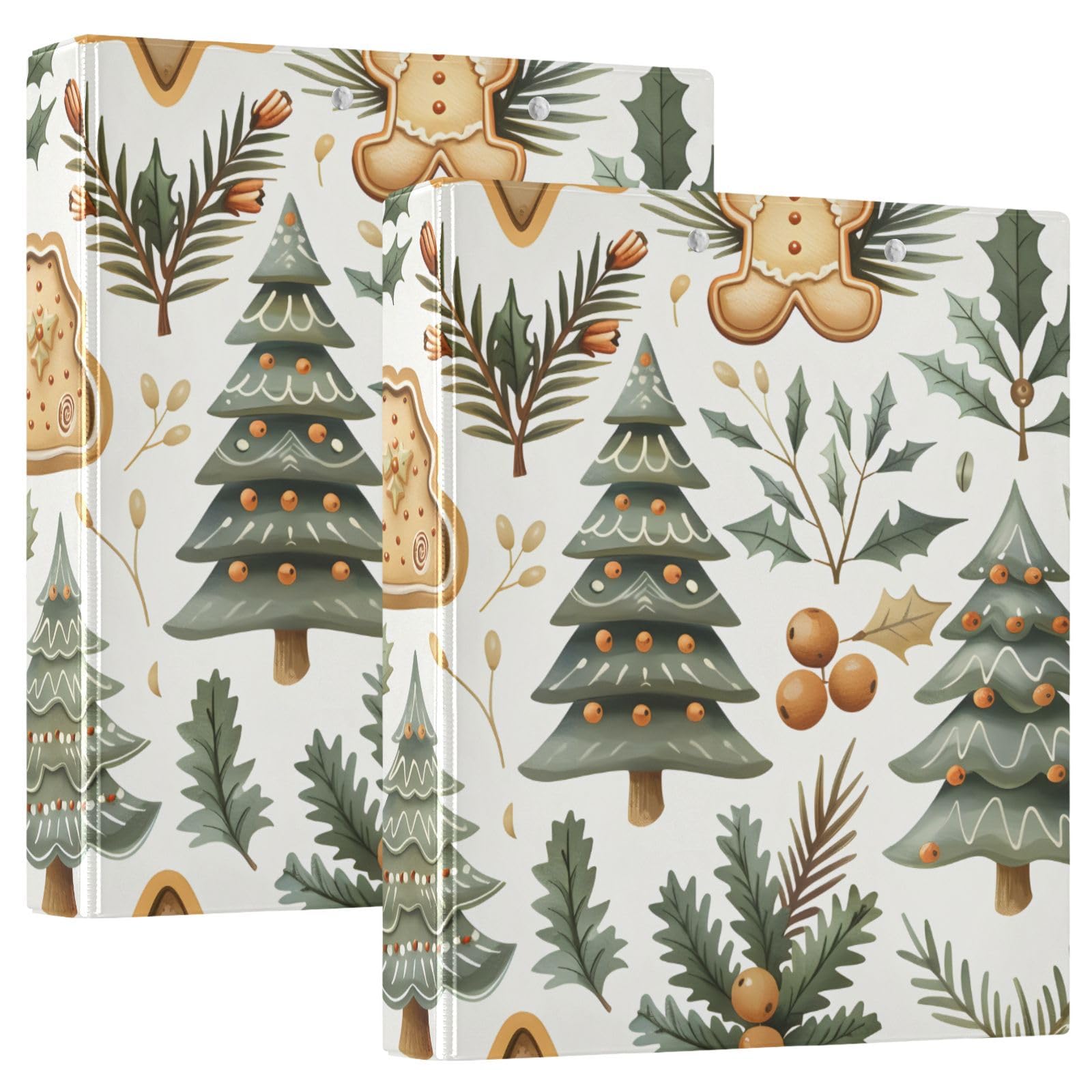 Gingerbread Plant Green Christmas Tree Cookie 3 Ring Binder with 2 Interior Pockets 1.5 inch Binders 3 Ring Heavy Duty Fit 8.5" x 11" Letter Size for Office School, 2 Pack