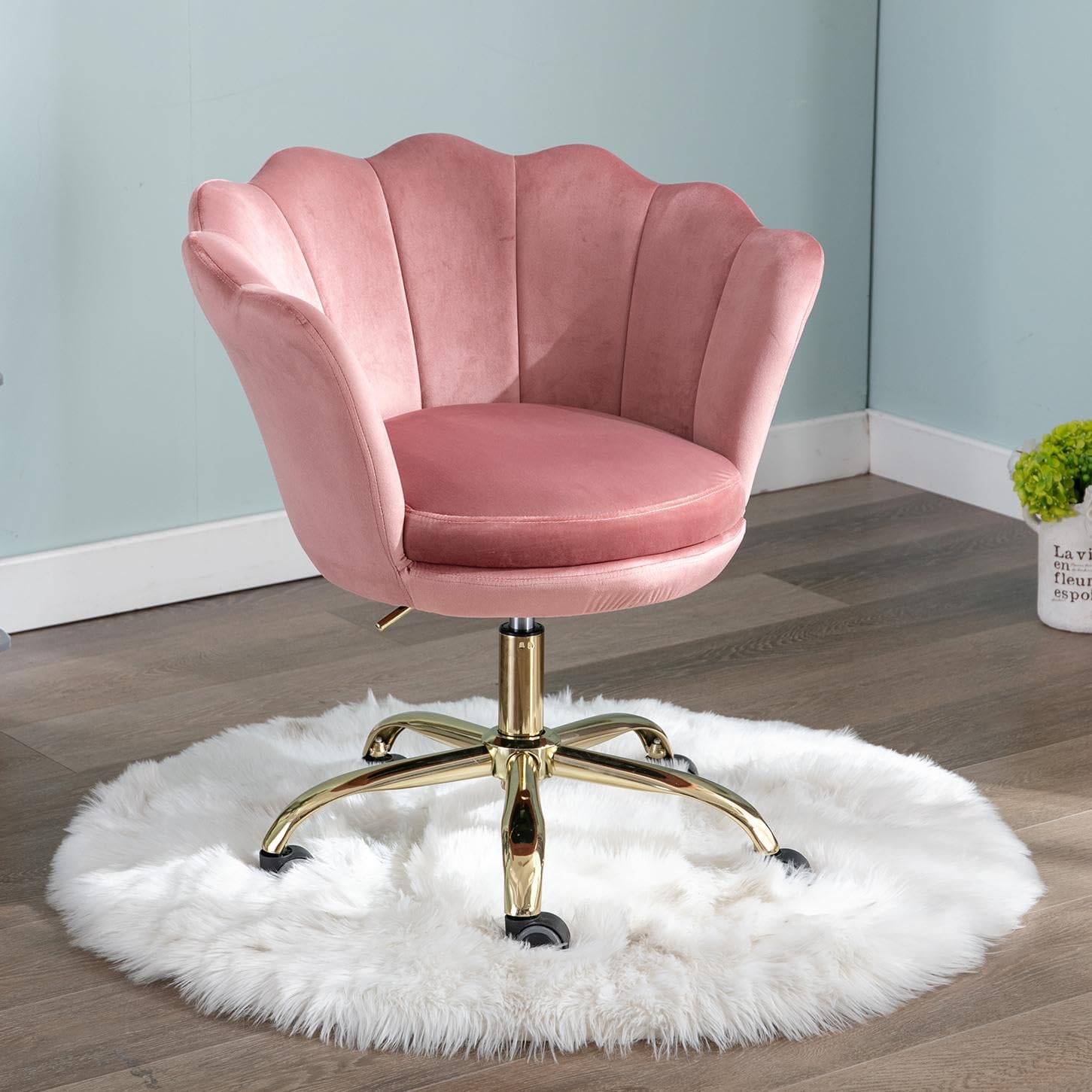 Ya-Home Silla Escritorio de Terciopelo Silla de Oficina Giratoria,Silla de Trabajo Moderna con Patas Doradas Silla Despacho de Ordenador en Altura Ajustable para Dormitorio/Tocador,Rosa