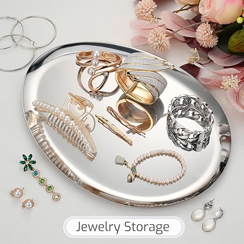 Miniatura 3 de Bandeja grande de acero inoxidable plateado en forma de oliva, bandeja de champán, cóctel y bar con acabado pulido de espejo para joyas, velas y