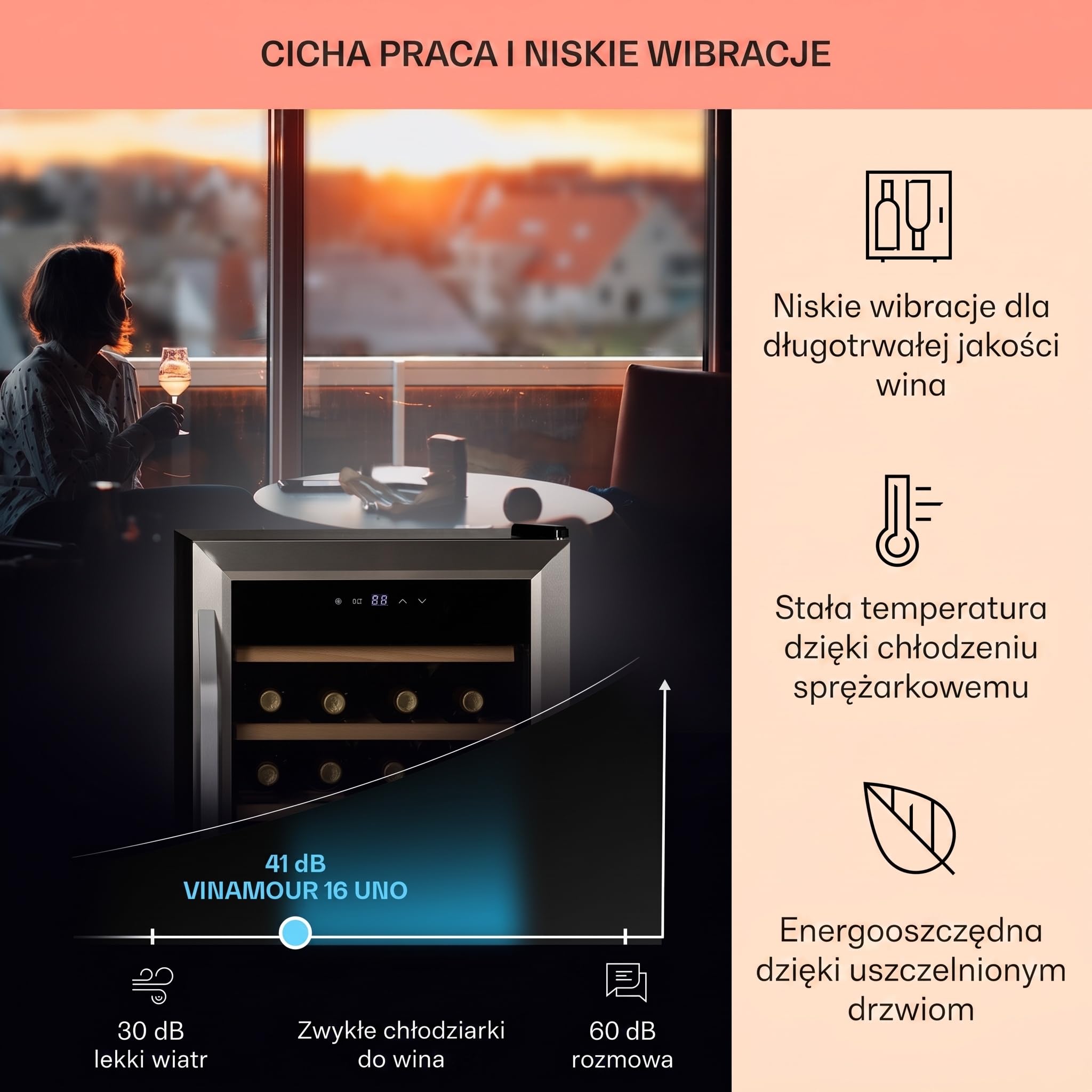 Klarstein Chłodziarka do wina, Wąska lodówka na napoje, lodówka ze szklanymi drzwiami, Wolnostojące chłodziarki, Mała chłodziarka do wina, 1 strefa, Ochrona UV, 5-18 °C, 16 butelek