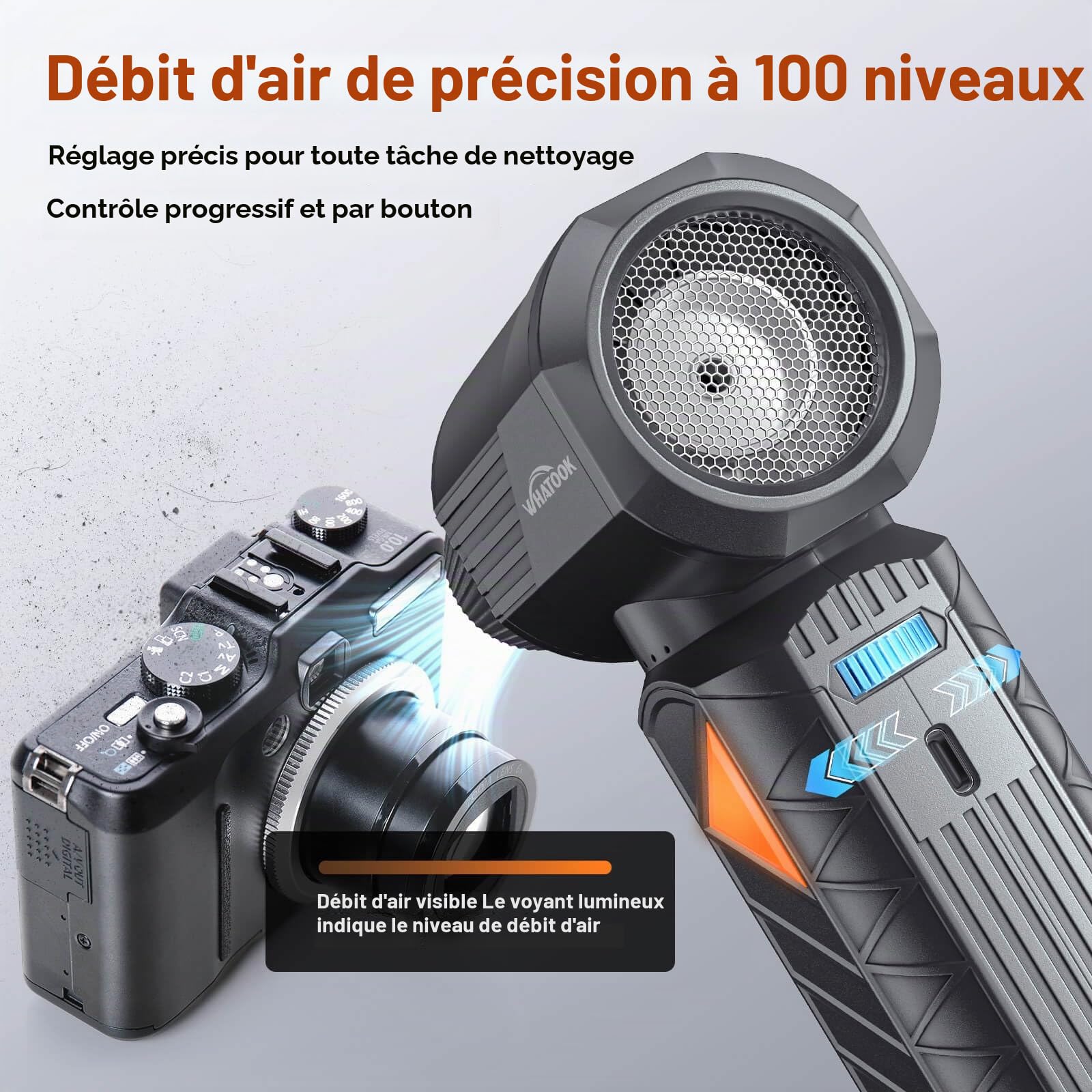 WHATOOK W02 Pro Souffleur Air Comprimé, 400000 TR/Min 100m/s Dépoussiérants Puissants électrique avec Batterie 12000mAh, Mini Souffleur avec Réglage de Puissance 0-100% pour PC, Clavier, Voiture