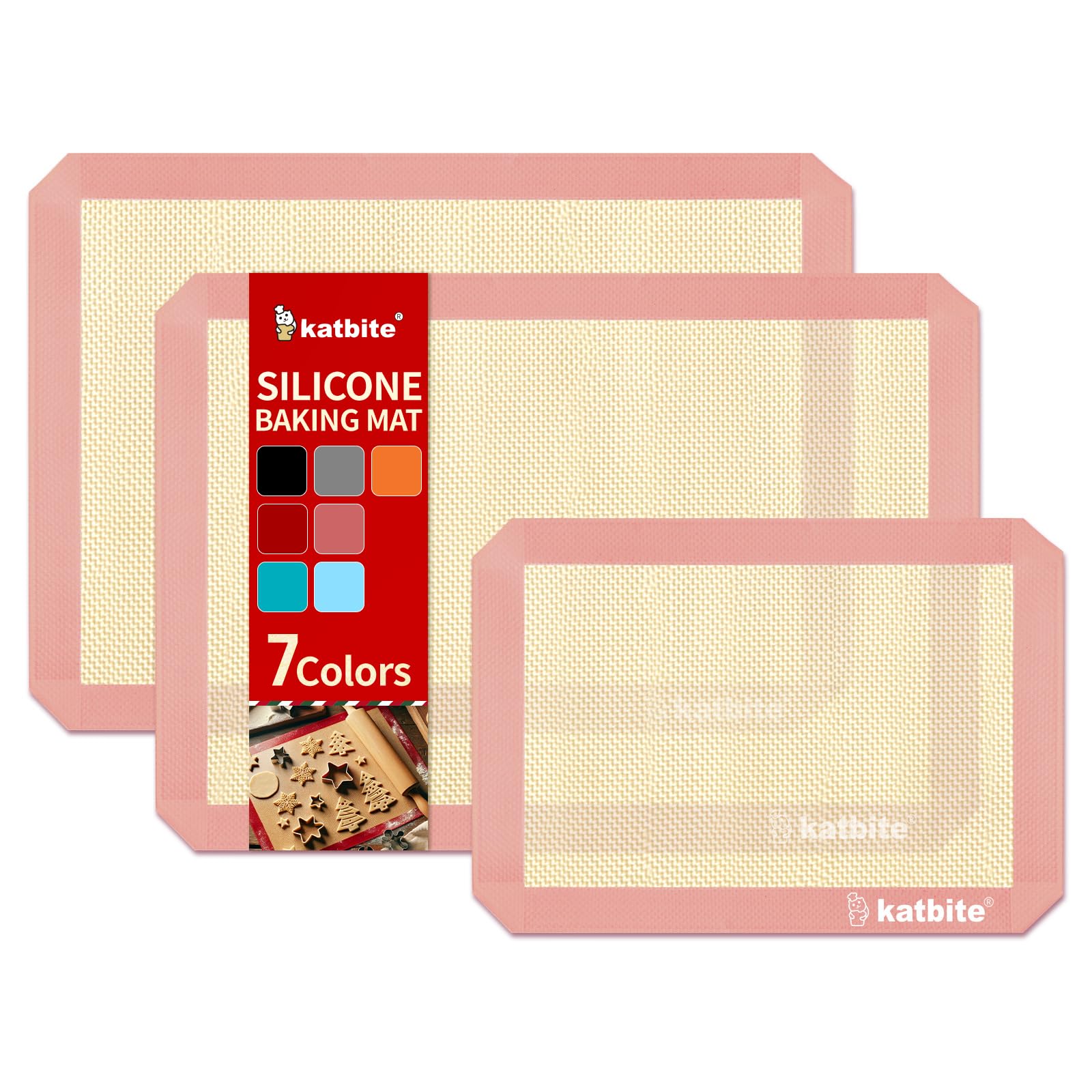 Katbite Silicone Baking Mat Colorful Collection - Set of 3: 2 Half Sheets Mats (11 5/8" x 16 1/2") + 1 Quarter Baking Sheet, Reusable & Nonstick Bakeware Mats for Cookies, Macarons, Bread (Pink)