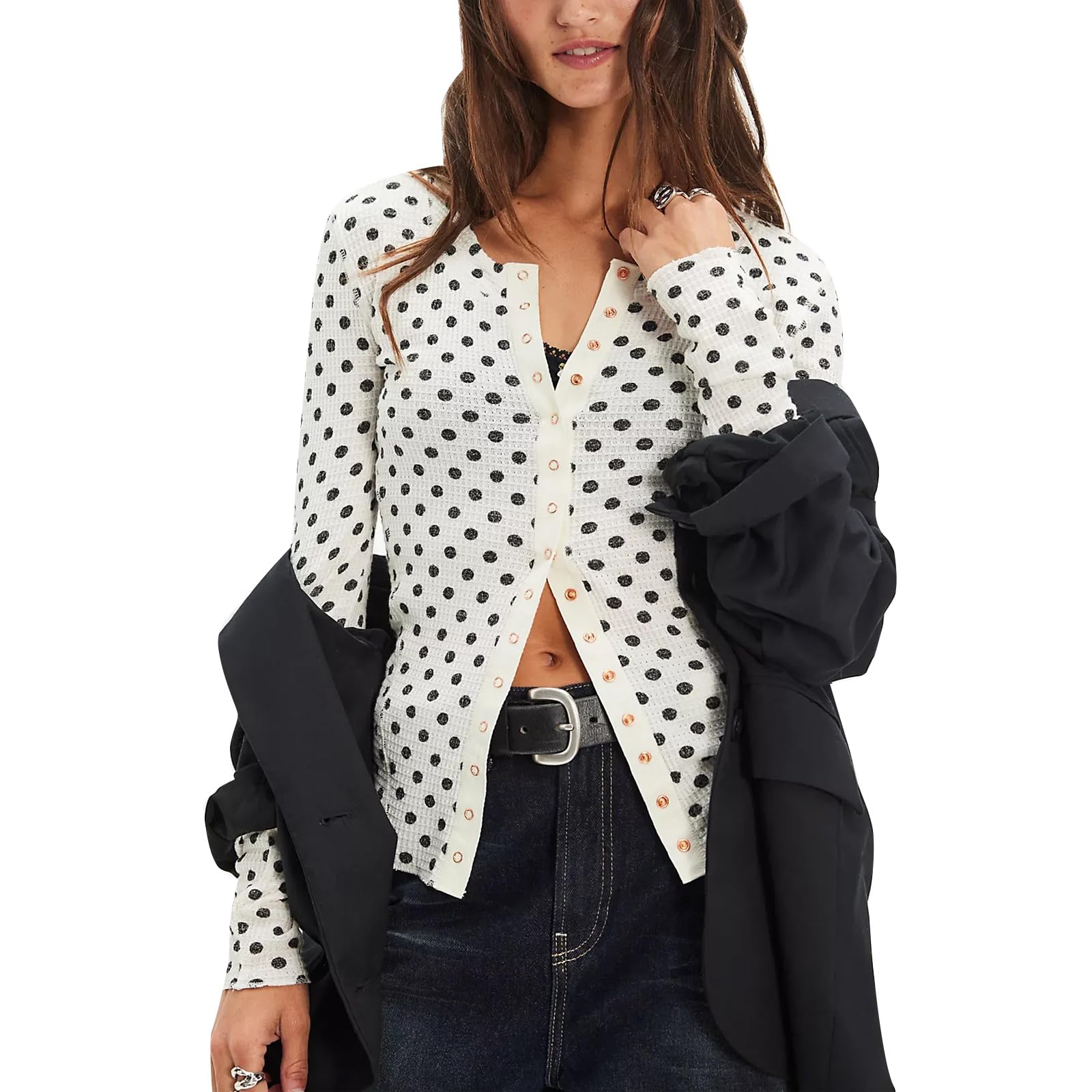 Women Waffle Long Sleeve Button Up Floral Tees Shirts Y2k Going Out Slim Fitted Cardigan Tops Blouse
