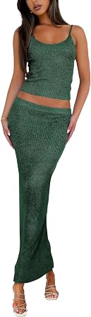 Womens Sequin Dress 2 Piece Night Out Outfits Clubwear Party Dresses Cami Crop Top and Split Midi Skirt Sets