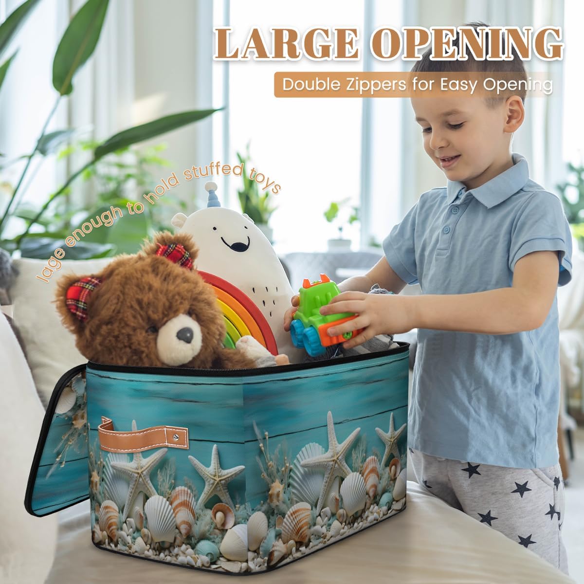 Storage Bin Set of 2 Wooden Starfish Seashell Storage Basket with Zipper Lid & Handle Foldable Closet Shelf 2 Pack Cloth Organizer Basket Cube Bins Clothes Organizer for Bedroom, Nursery