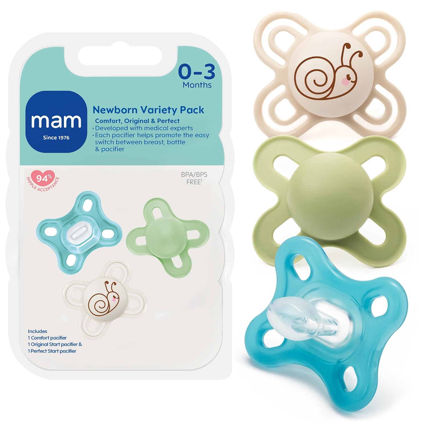 MAM Pacifier 0-3 Months Variety Set, 1 Comfort, 1 Perfect Start, 1 Original Start, Developed with Medical Experts Specially for Smaller Newborn Mouths, BPA-Free Silicone Nipple, 3Pk, Made in Europe
