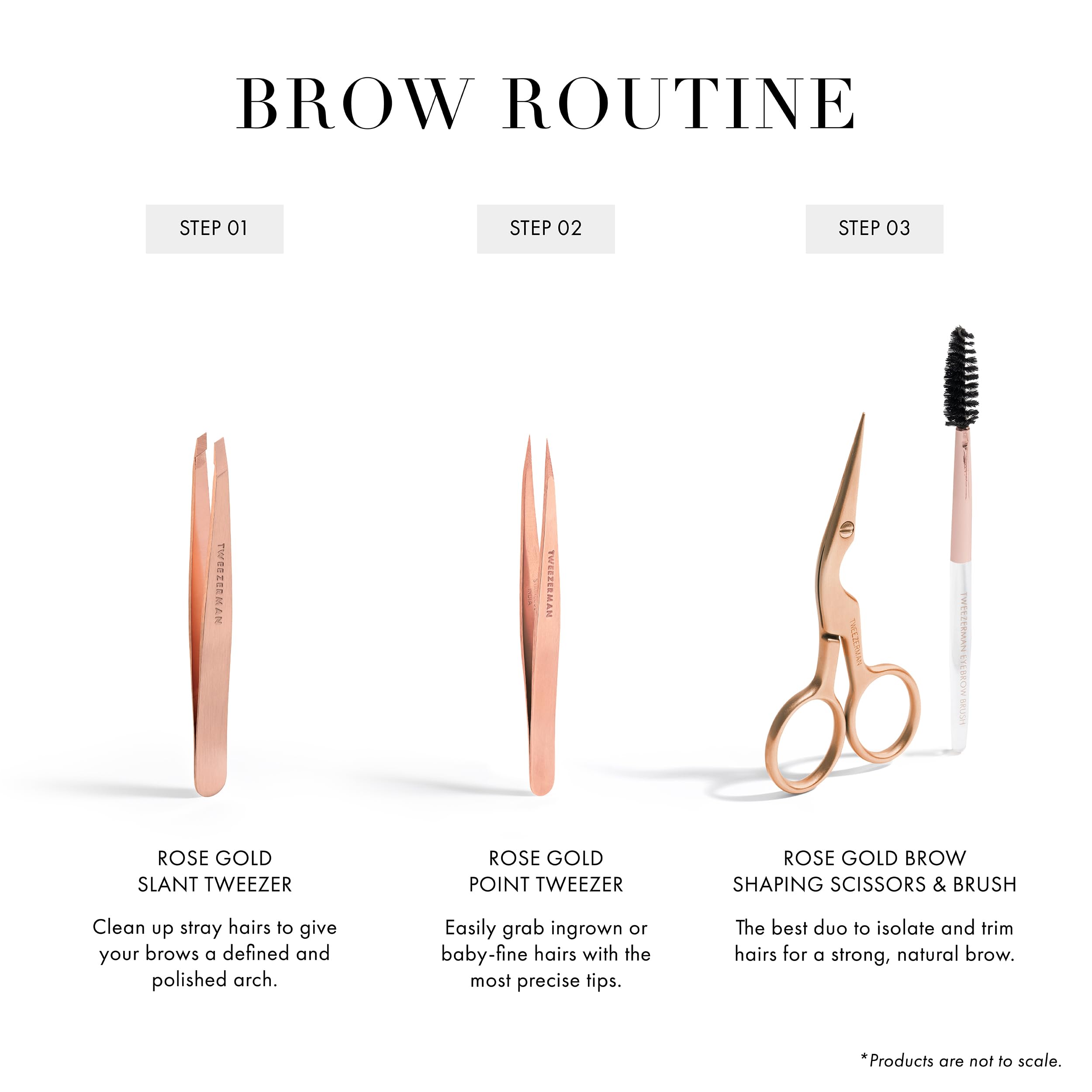 TWEEZERMAN Augenbrauenschere und Bürste – Brow Shaping Scissors & Brush, Edelstahl aus Italien, Ergonomisch, Rose Gold