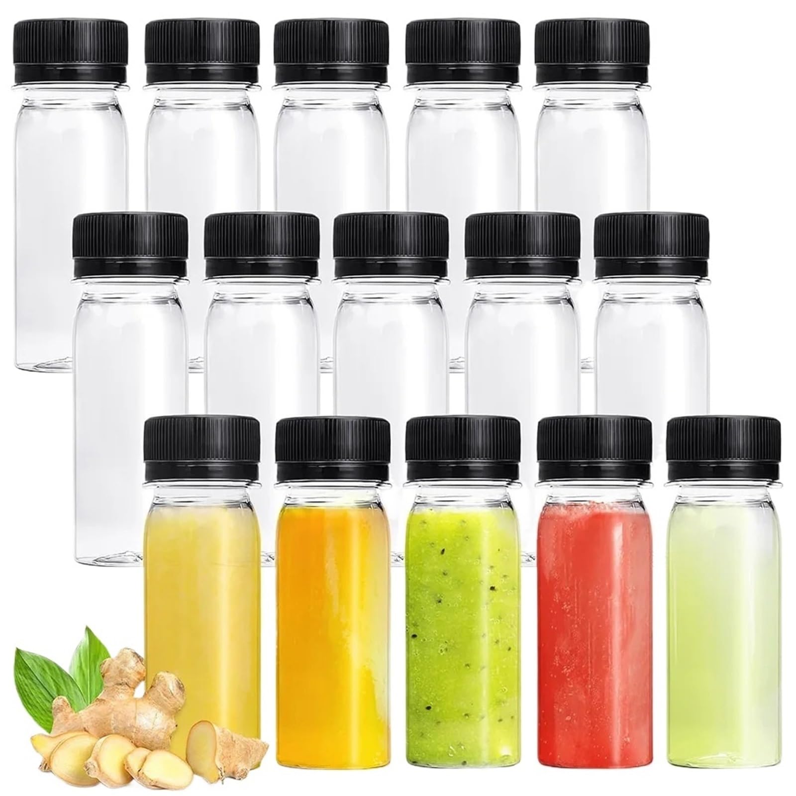 Saftflaschen 10/24/50/75/165 Stück 2 oz kleine Plastikflaschen for Flüssigkeiten, Ingwer-Shot-Flasche mit Deckel, wiederverwendbare Getränkebehälter(75PCS)