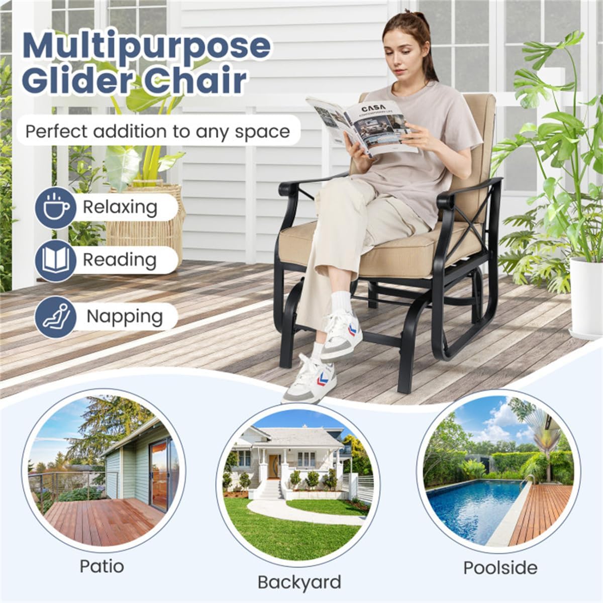 Black Metal Patio Glider Chair, 330 lbs Capacity Outdoor Rocking Bench with Brown Washable Cushion, Ergonomic 2-Seater Porch Glider for Garden, Deck, Backyard, Heavy Duty Metal Patio Rocking Bench
