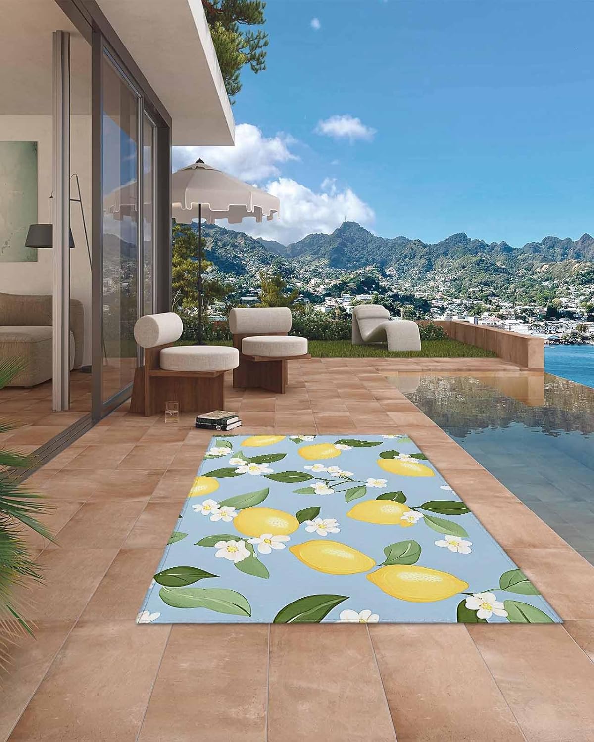 Outdoor Rug 4x6 ft Blue Background Outdoor Large Area Rug Non Slip Rubber Yellow Lemon White Flowers Front Door Mat RV Rug Camping Carpet Patio Outdoor Rugs for Backyard Balcony Deck Porch Indoor