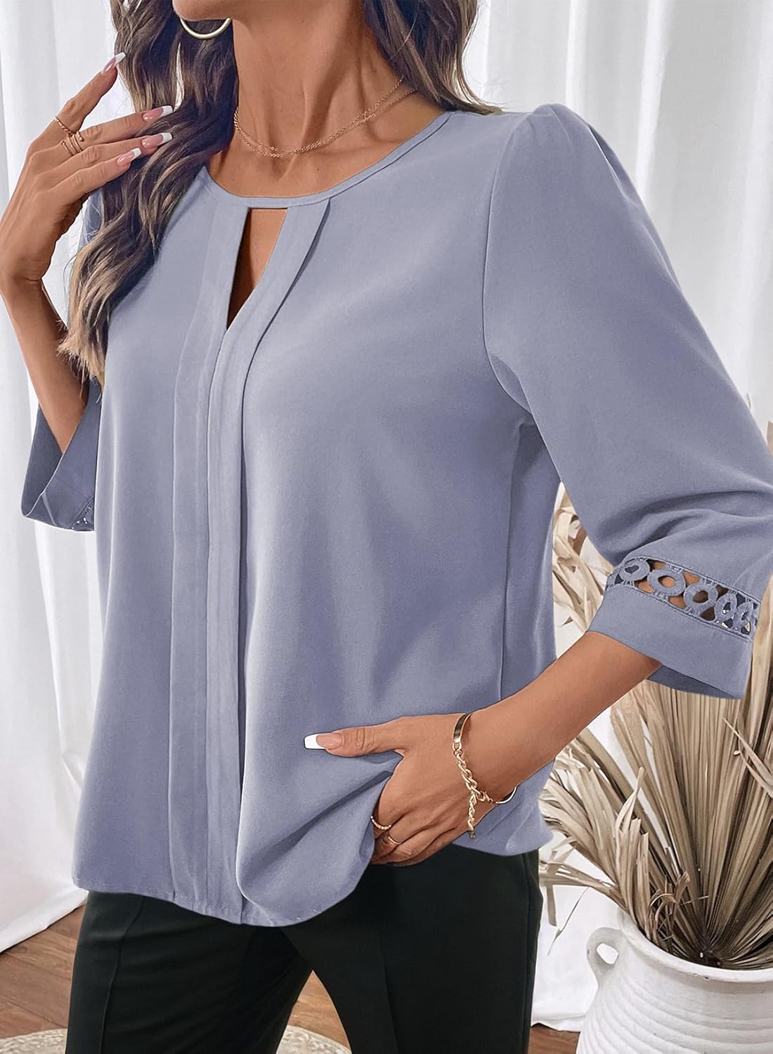 Dokotoo Womens 3/4 Sleeve Tops Dressy Blouses Crewneck Business Casual Office Shirts Clothes - Image 3