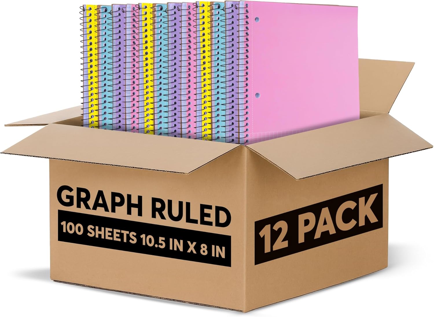 Graph Paper Spiral Notebook - Graph Paper Notebook, Quad Ruled Grid Notebooks, Perforated Pages - 10.5 X 8 Inches - 1 Subject Wirebound Notebook - Assorted Colors - 100 Sheets per Book - (12 Pack)