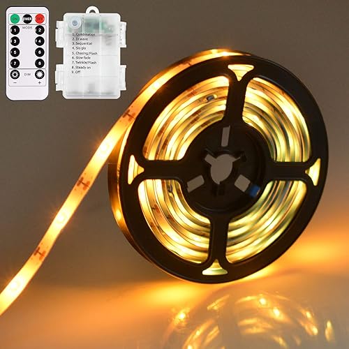 Vista 8 de Tira de luces LED que funciona con pilas, 90 luces LED de 9.8 pies con temporizador remoto regulable, tira de luces flexibles impermeables