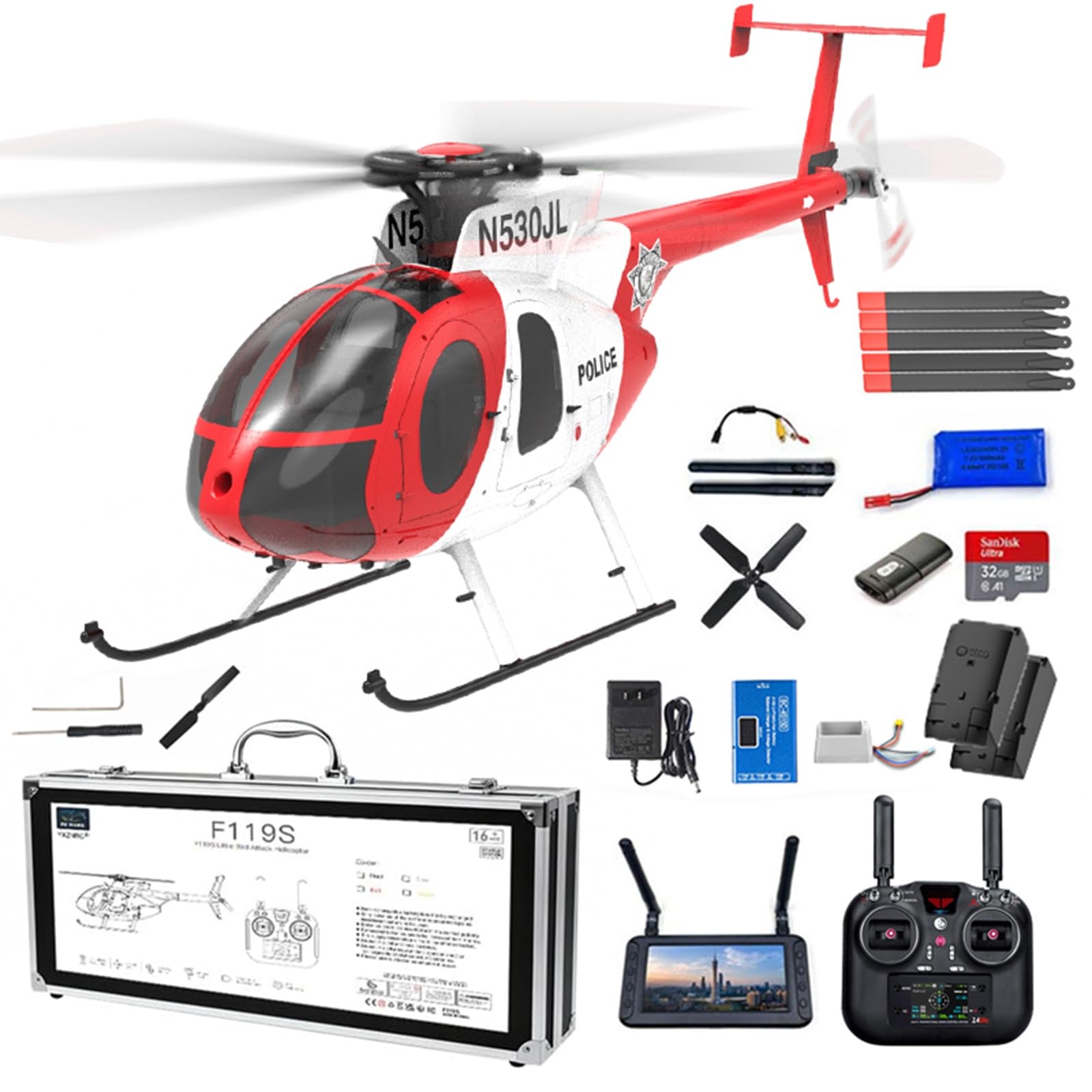 Elicottero radiocomandato intelligente F119S MD500 per adulti elicottero radiocomandato a 6 canali con flusso ottico doppio motore coassiale brushless Regalo per appassionati - RTF(Red,With camera)