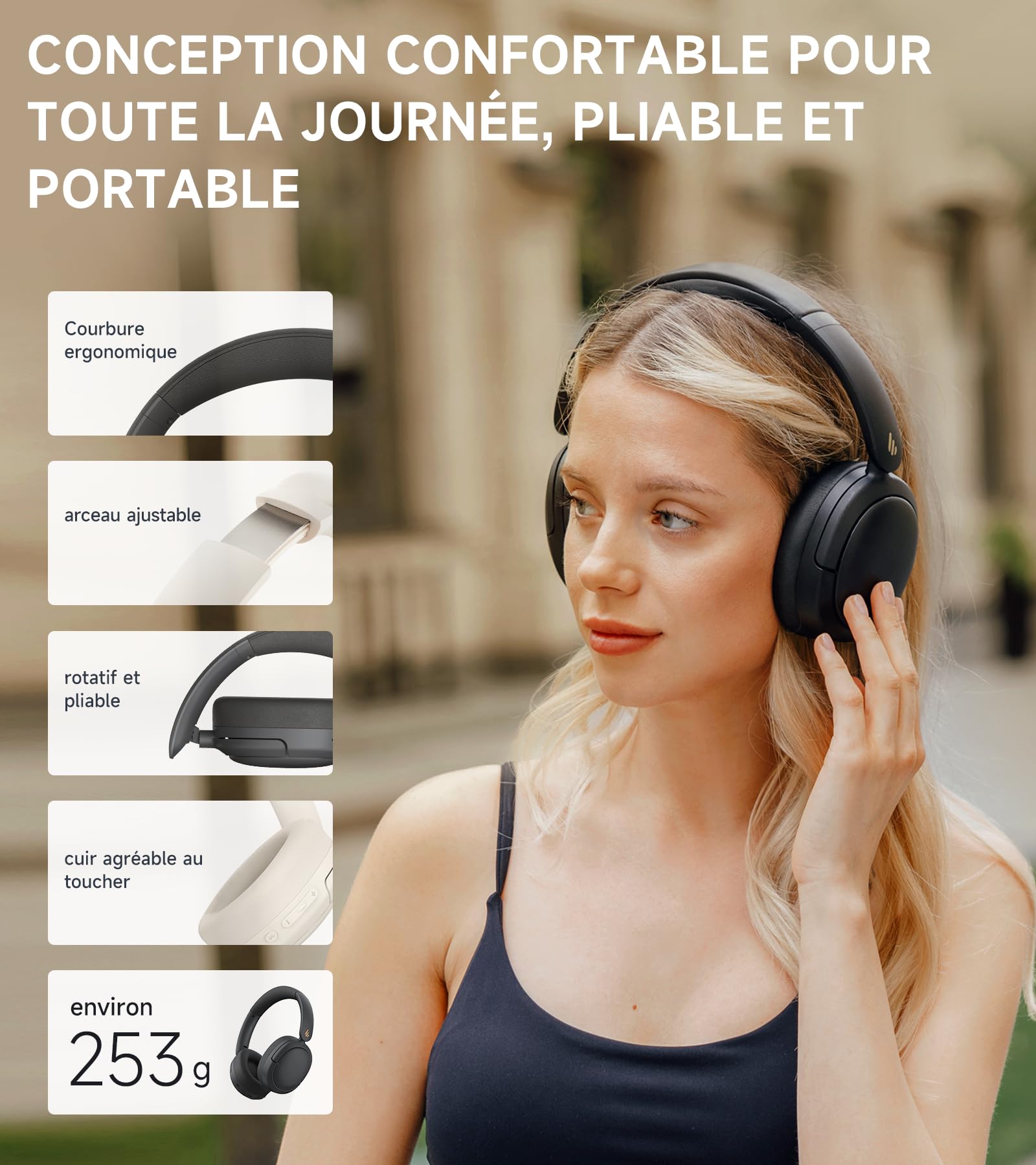 Edifier W800BT Pro Casque sans Fil Hybride de Réduction de Bruit Actif - Son Haute Résolution - IA Annule Bruit Appels - 45 Heures de Lecture - Charge Rapide - Pliable - Bluetooth 5.4 - Noir