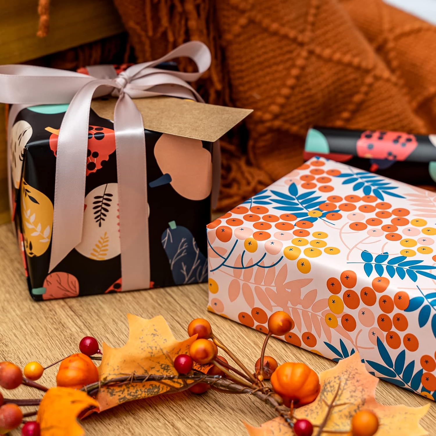 MAYPLUSS Wrapping Paper Roll - Mini Roll - 17 inch X 120 inch Per roll - Autumn Design (42.3 sq.ft.ttl)