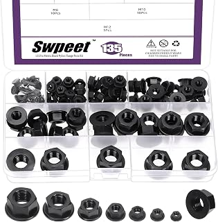 Swpeet 135Pcs 7 Sizes M3 M4 M5 M6 M8 M10 M12 Metric Black Nylon Flange Nuts Assorment Kit, Metric Thread Plastic Fastener Nuts Hex Flange Nuts for Home Automotive Shop Fasteners Use