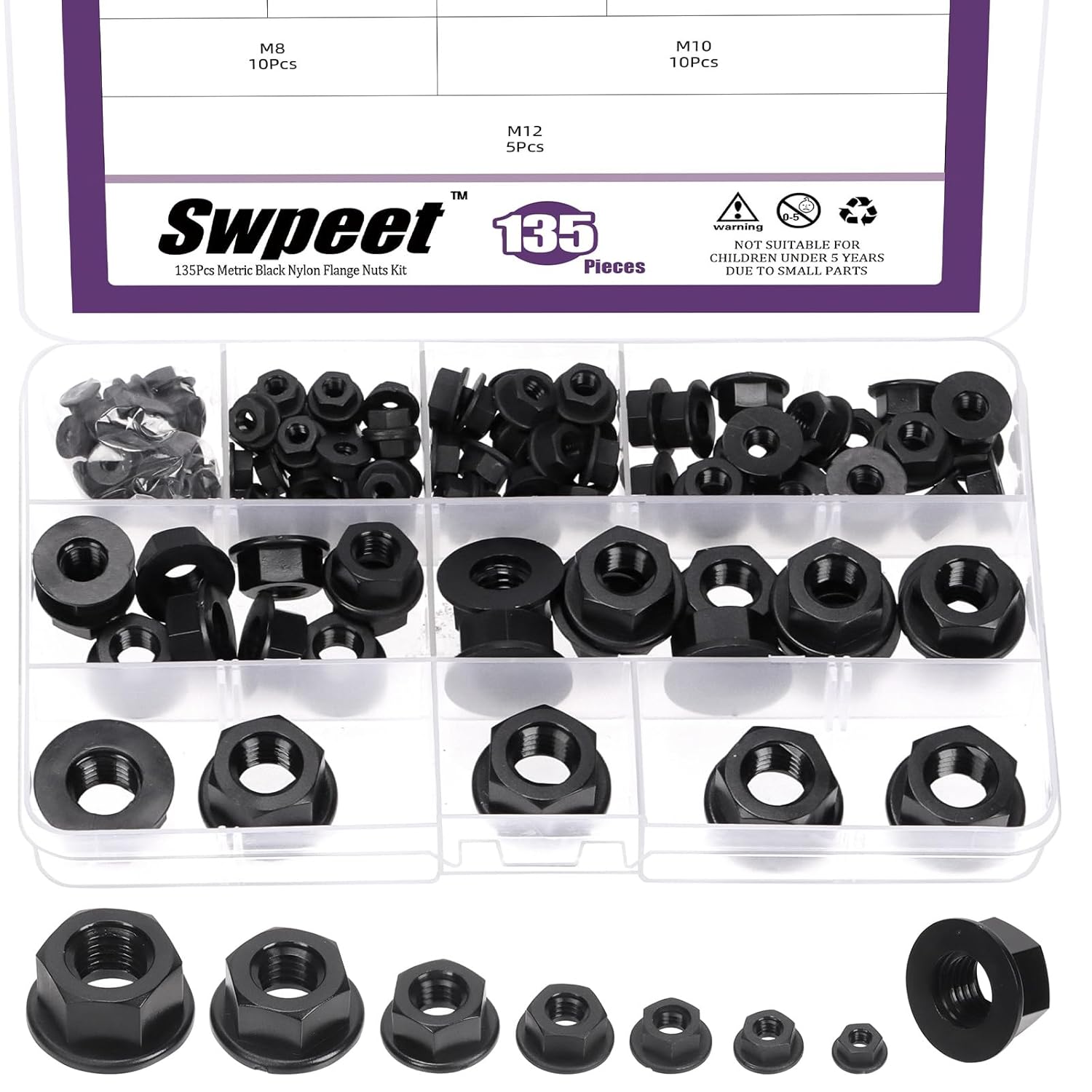 Swpeet 135Pcs 7 Sizes M3 M4 M5 M6 M8 M10 M12 Metric Black Nylon Flange Nuts Assorment Kit, Metric Thread Plastic Fastener Nuts Hex Flange Nuts for Home Automotive Shop Fasteners Use