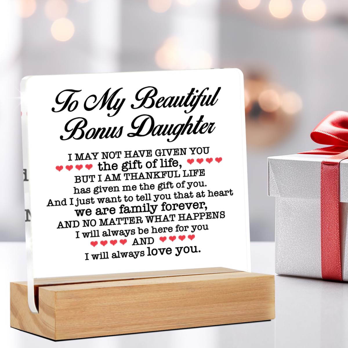 Bonus Daughter Gift - Gift for Bonus Daughter - Bonus Daughter Gift From Stepmom Stepdad - to My Beautiful Bonus Daughter Clear Desk Sign Decor Home Bedroom Desk Decor (4 x 4 Inches)