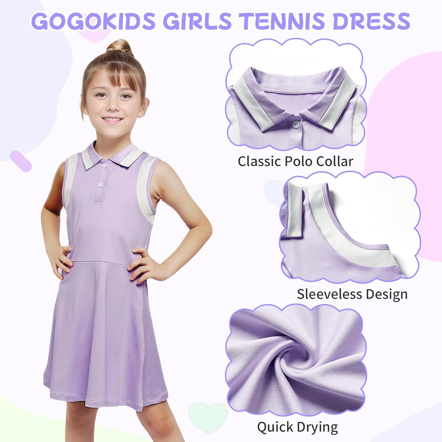 Gogokids Girls Tennis Dress Sleeveless Quick-Dry Kids Golf and Athletic Workout Outfit with Polo Collar for 6-14Y - Image 4