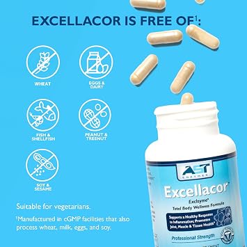 مكمل الإنزيم الجهازي Excellacor-90 سيرابيبتاز المقاوم للأحماض والإنزيمات المحللة للبروتين يدعم الاستجابة الصحية للالتهابات ووظيفة المفاصل والدورة الدموية 90 كبسولة نباتية