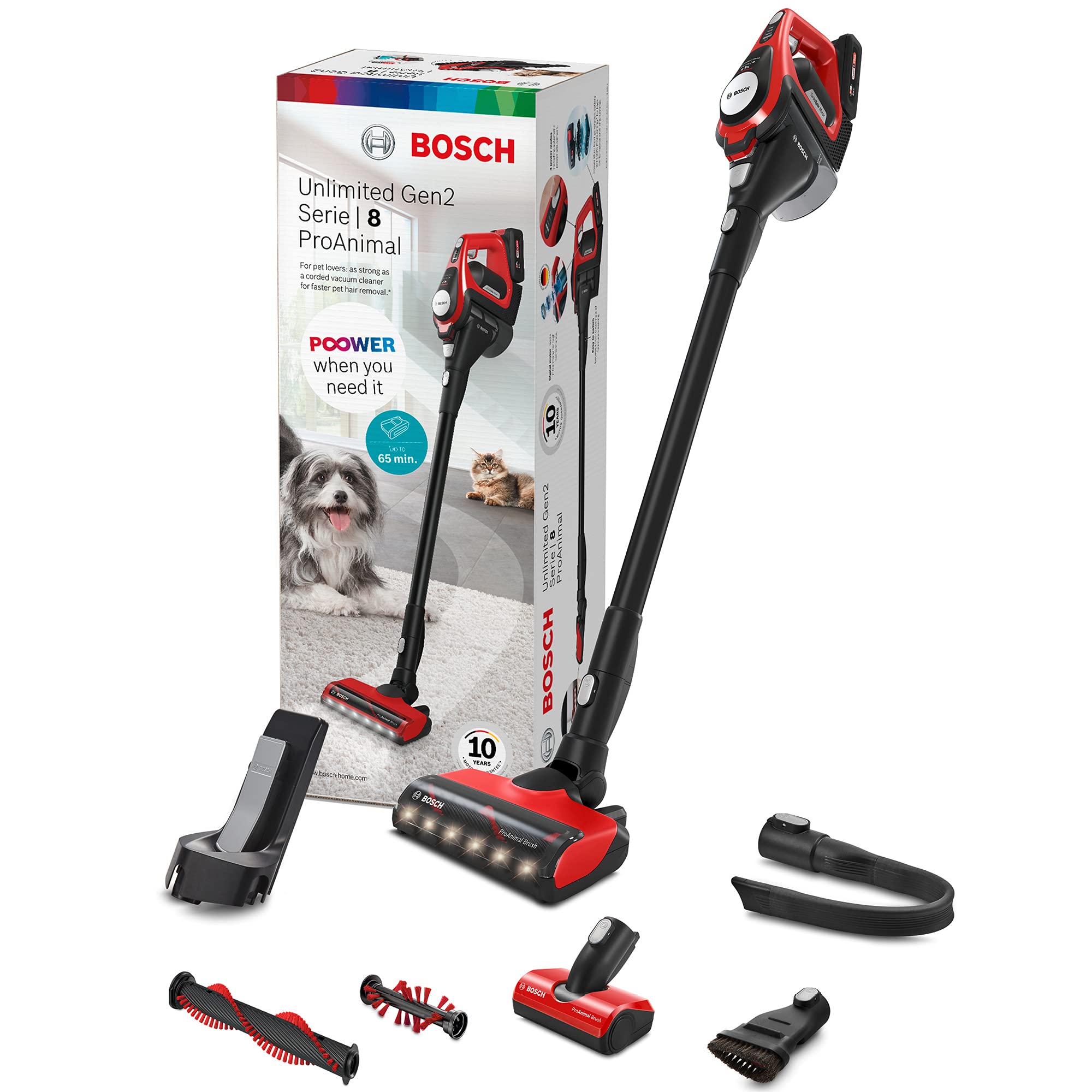 Bosch - Serie 8, Aspirador Vertical Unlimited Gen 2 ProAnimal, 0.4 litros, Rojo, BBS8214PET